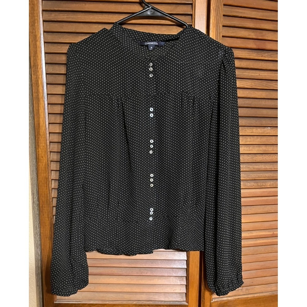 CHADWICKS Womens 14 Black White Polka Dot Button‎ Front Long Sleeve Blouse